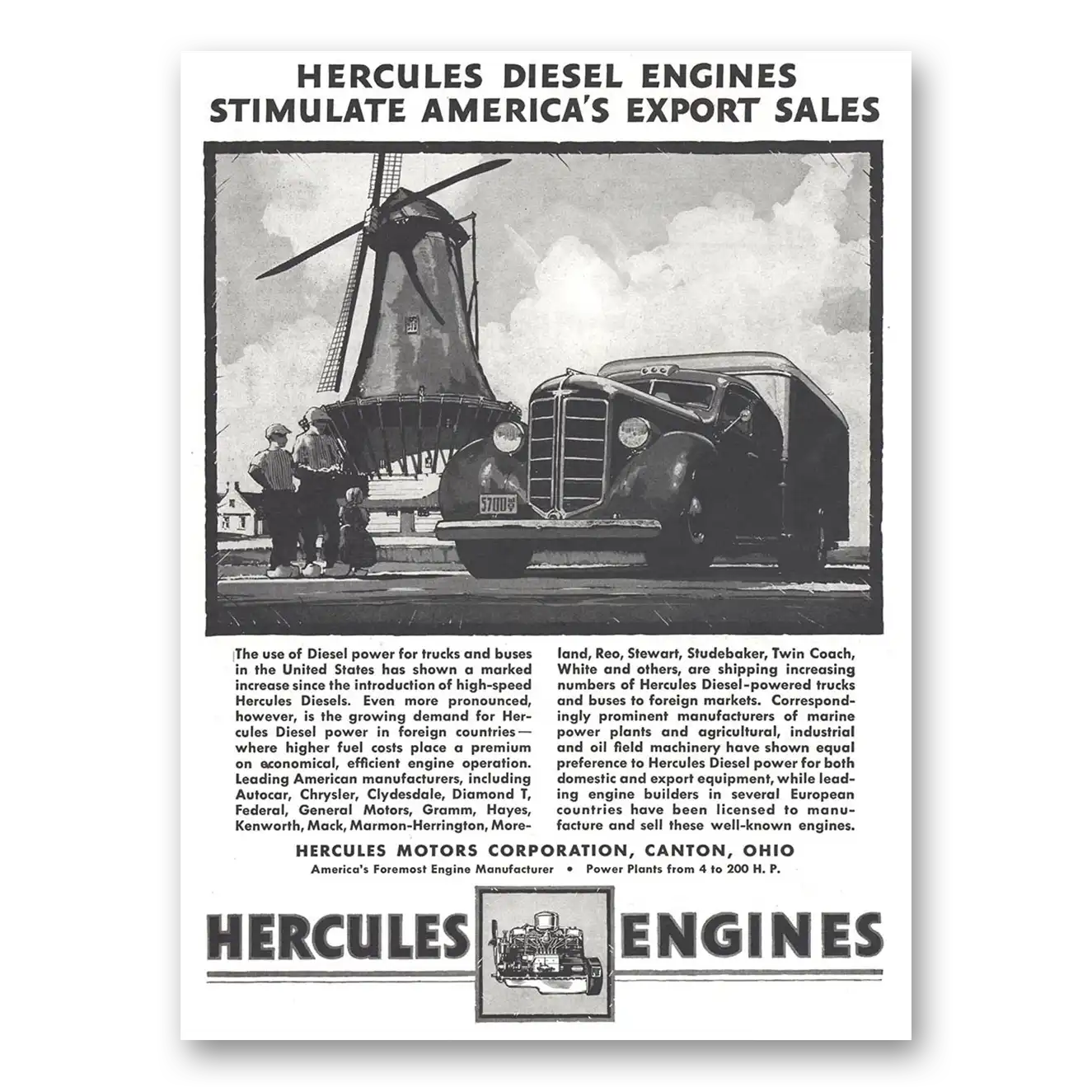 1937 Hercules Engines Engines Stimulate Americas Export Sales Vintage Magazine Print Ad