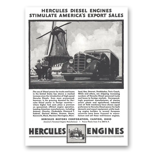 1937 Hercules Engines Engines Stimulate Americas Export Sales Vintage Magazine Print Ad