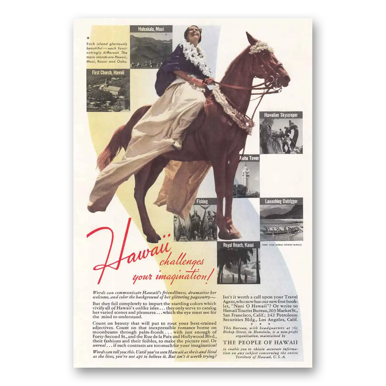 1937 Hawaii Challenges Your Imagination Horse Vintage Magazine Print Ad