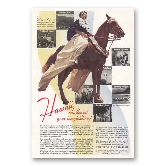 1937 Hawaii Challenges Your Imagination Horse Vintage Magazine Print Ad