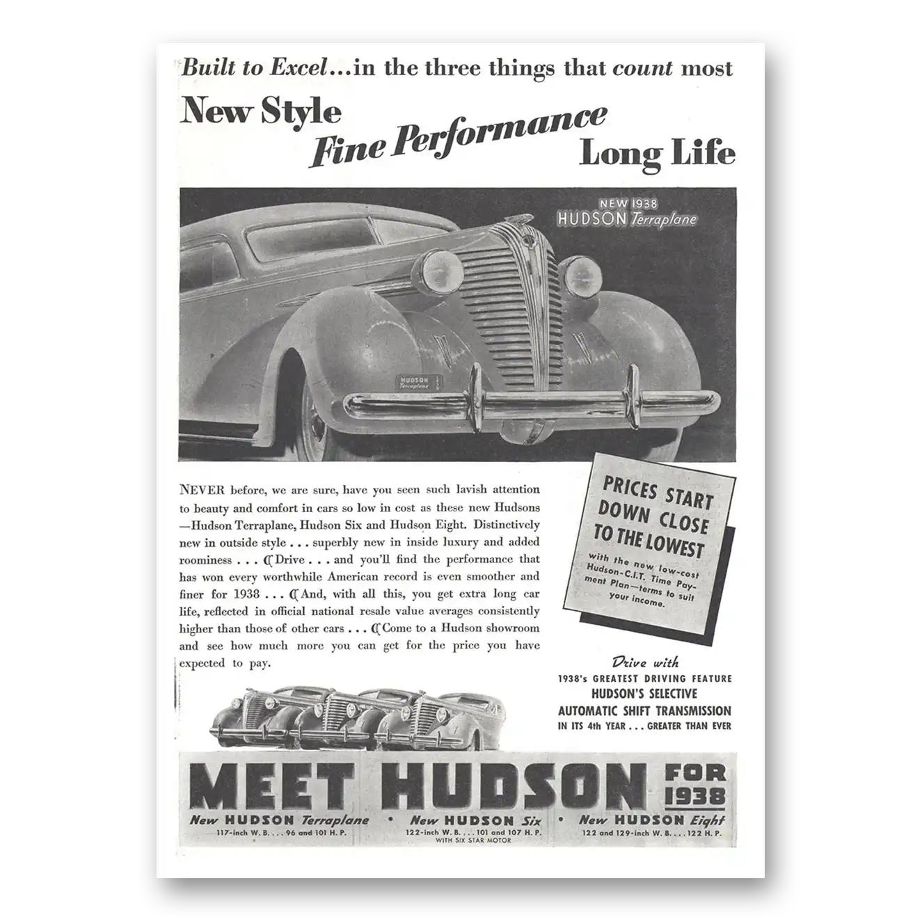 1937 Hudson Motor Car New Style Fine Performance Long Life Vintage Magazine Print Ad