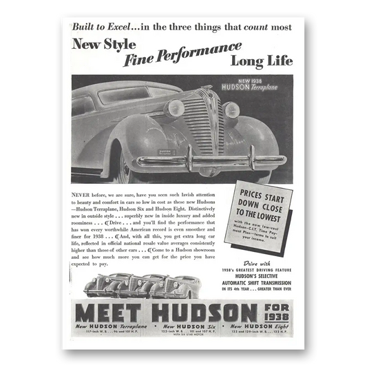 1937 Hudson Motor Car New Style Fine Performance Long Life Vintage Magazine Print Ad