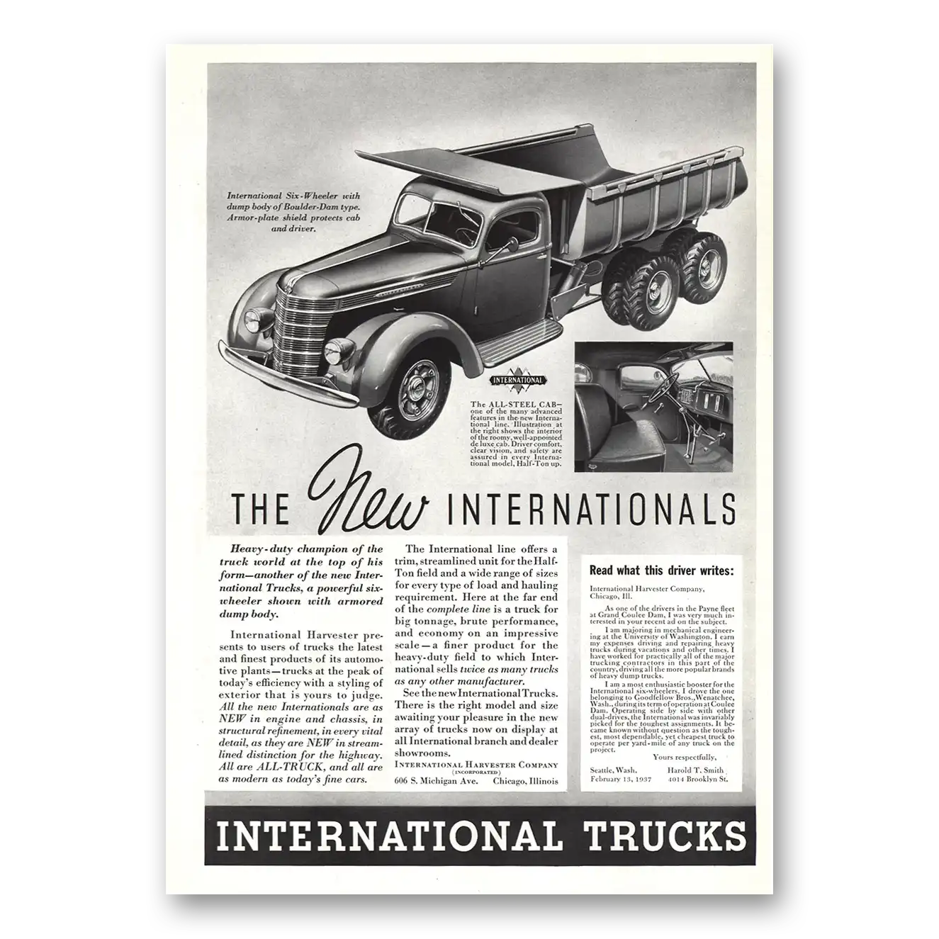 1937 International Trucks Six Wheeler Dump Body Boulder Dam Vintage Magazine Print Ad