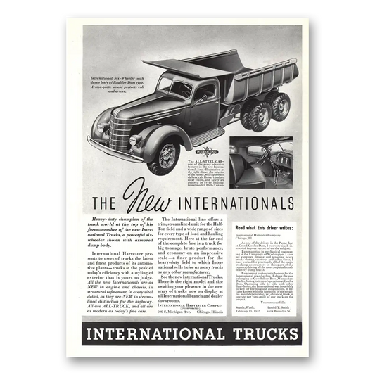 1937 International Trucks Six Wheeler Dump Body Boulder Dam Vintage Magazine Print Ad