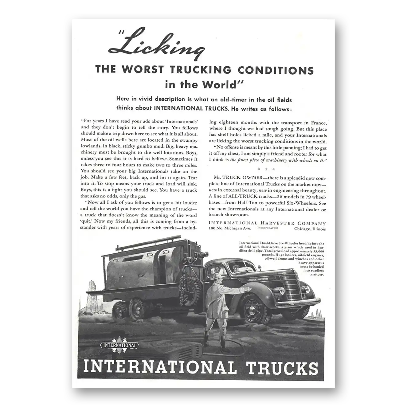 1937 International Trucks Licking the Worst Trucking Conditions Vintage Magazine Print Ad