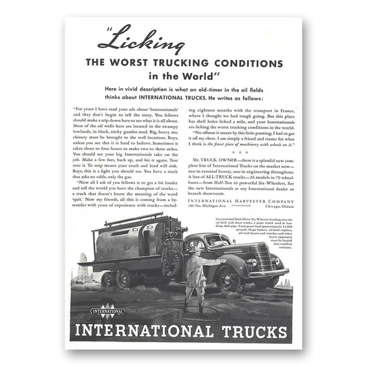 1937 International Trucks Licking the Worst Trucking Conditions Vintage Magazine Print Ad