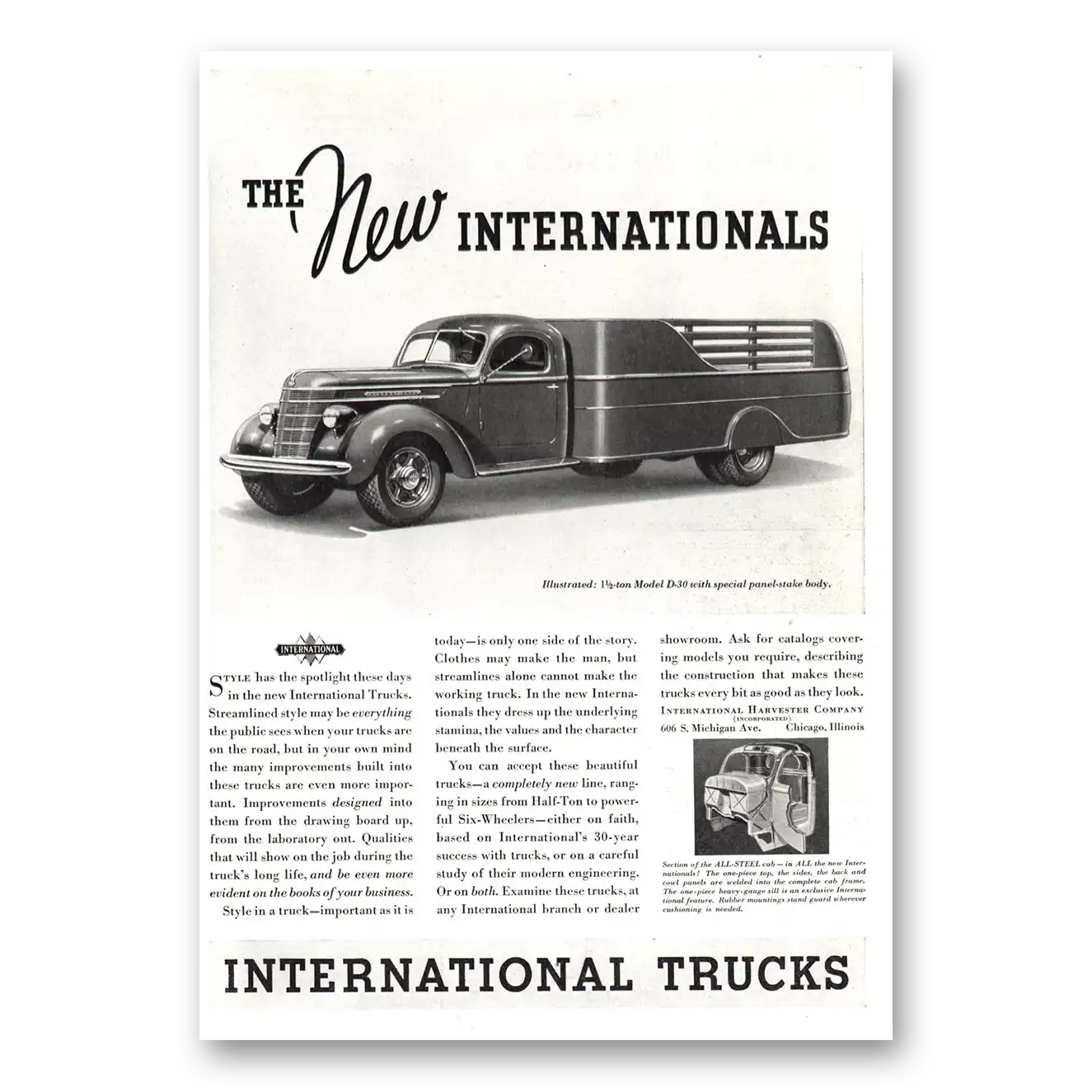 1937 International Trucks Model D30 Panel Stake Body Vintage Magazine Print Ad