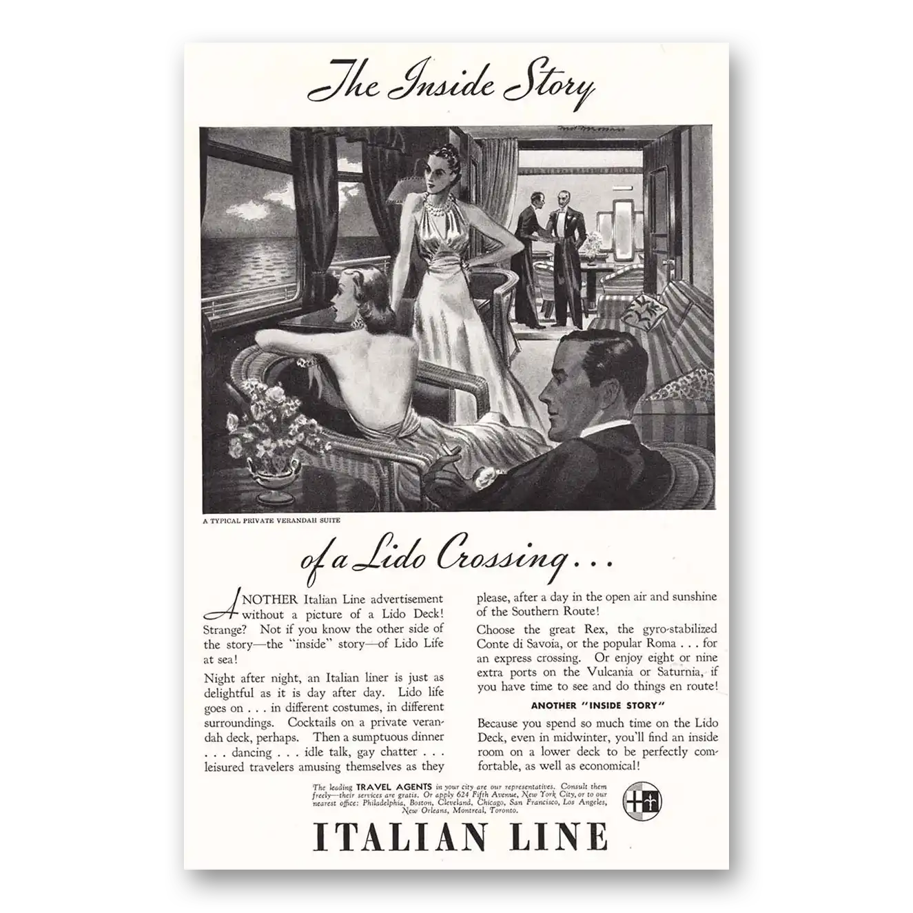 1937 Italian Line Inside Story of Lido Crossing Vintage Magazine Print Ad