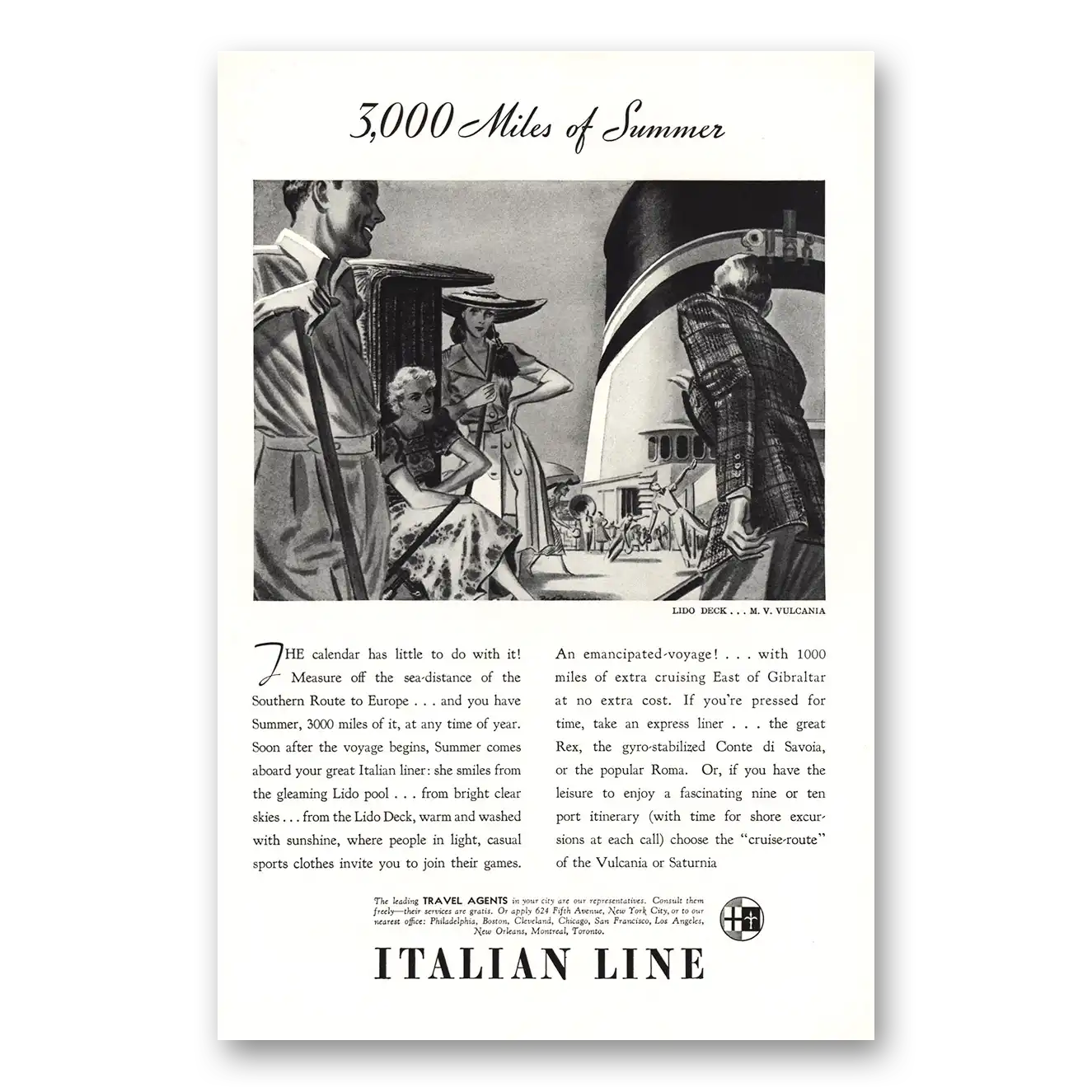 1937 Italian Line Miles of Summer Vintage Magazine Print Ad