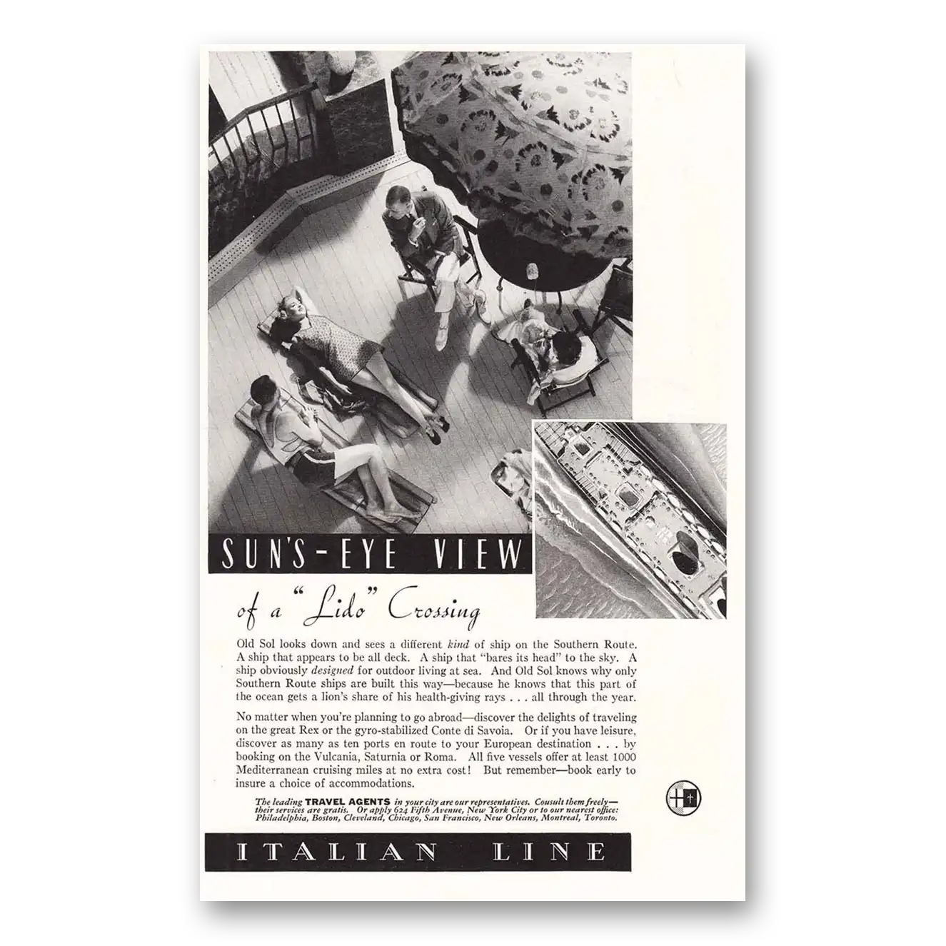 1937 Italian Line Suns Eye View of Lido Crossing Vintage Magazine Print Ad