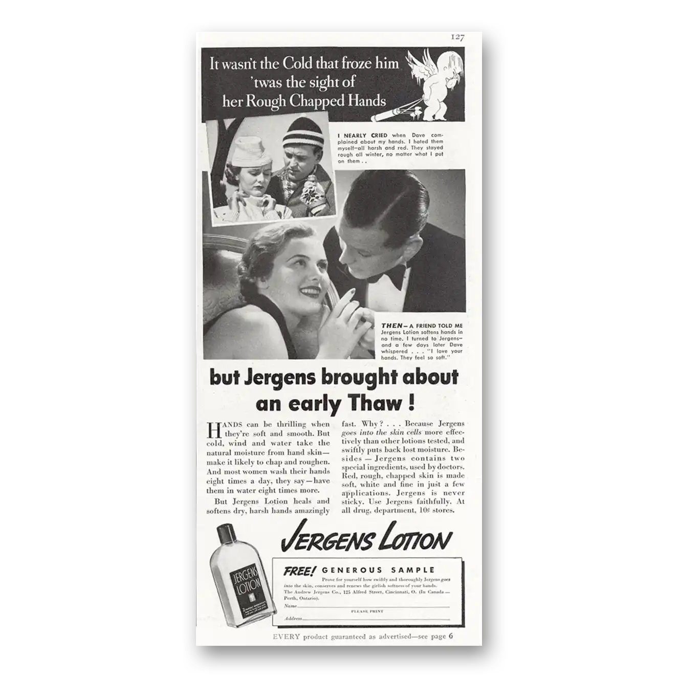 1937 Jergens Lotion Brought About an Early Thaw Vintage Magazine Print Ad