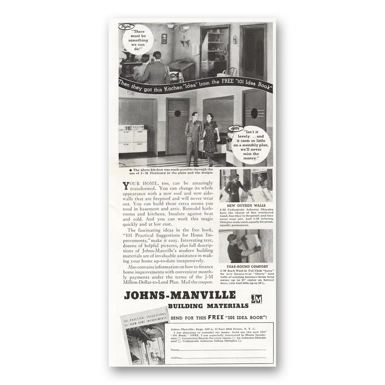 1937 Johns Manville Then They Got This Kitchen Table Vintage Magazine Print Ad