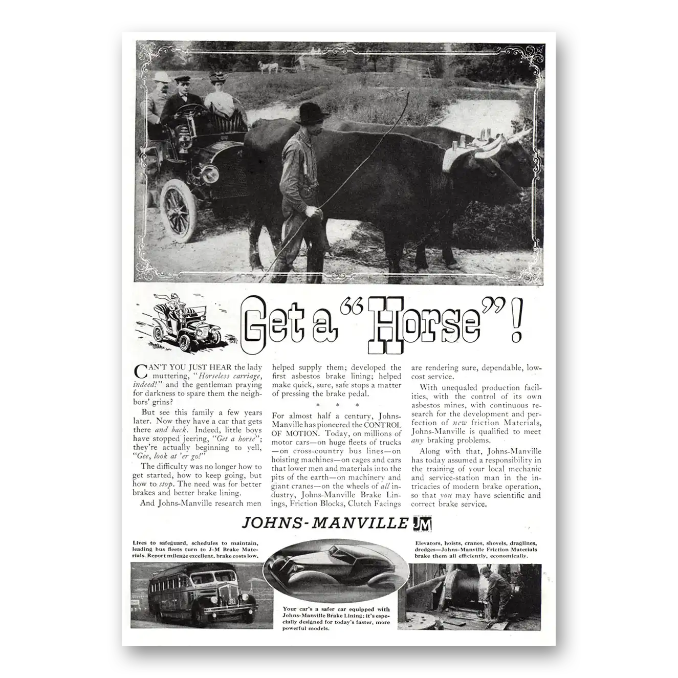 1937 Johns Manville Get a Horse Vintage Magazine Print Ad