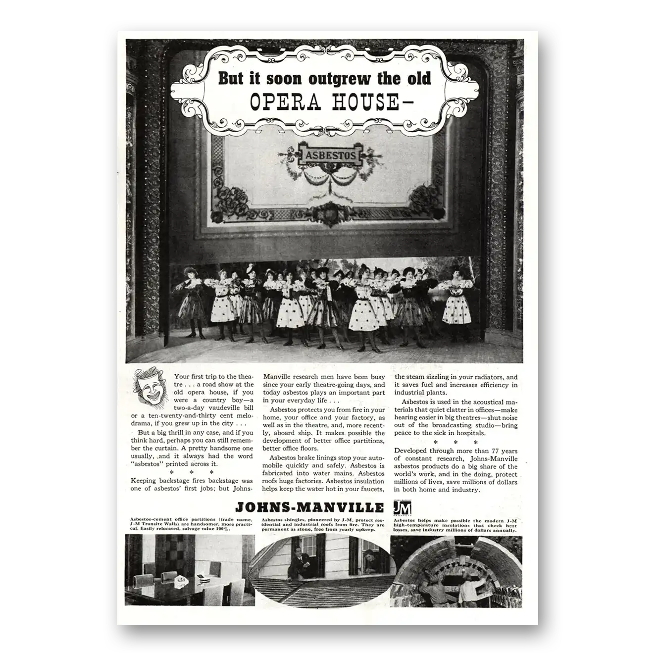 1937 Johns Manville Soon Outgrew the Old Opera House Vintage Magazine Print Ad