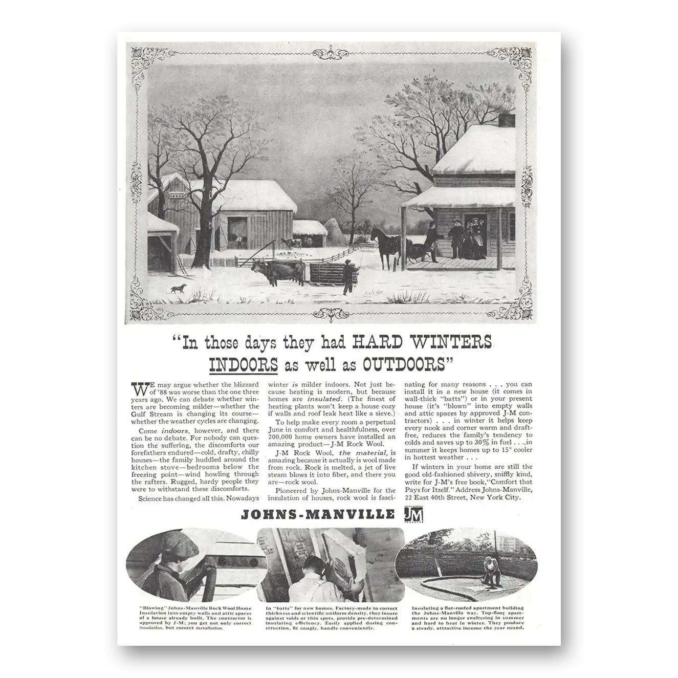 1937 Johns Manville Those Days They Had Hard Winters Indoors Vintage Magazine Print Ad