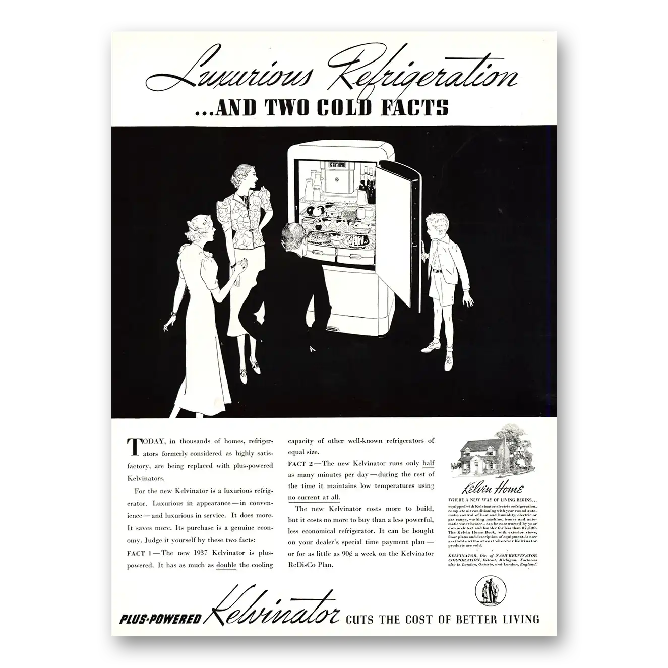 1937 Kelvinator Refrigerator Luxury Refrigeration and Two Cold Facts Vintage Magazine Print Ad