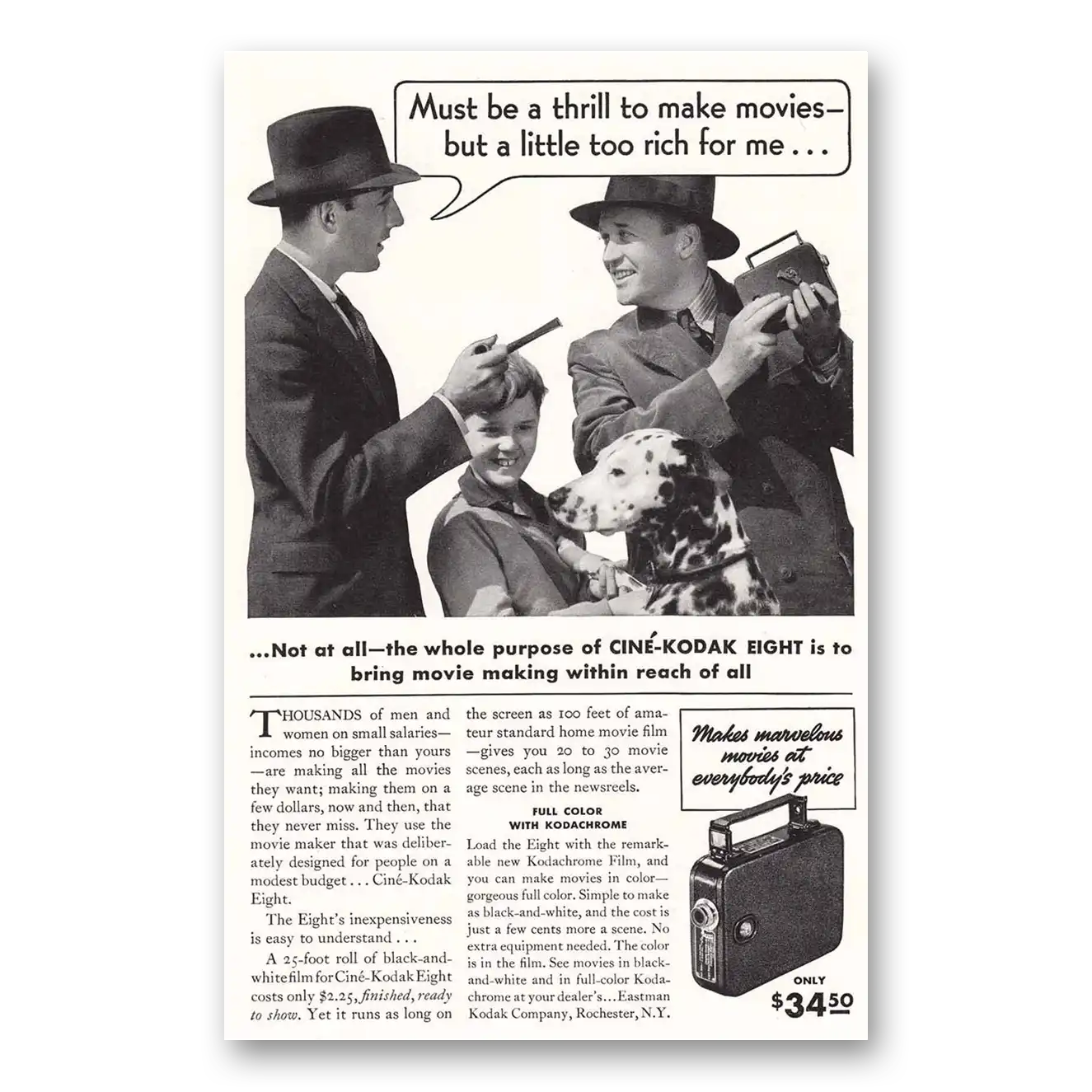 1937 Cine Kodak Eight Camera Film Must Be a Thrill Vintage Magazine Print Ad