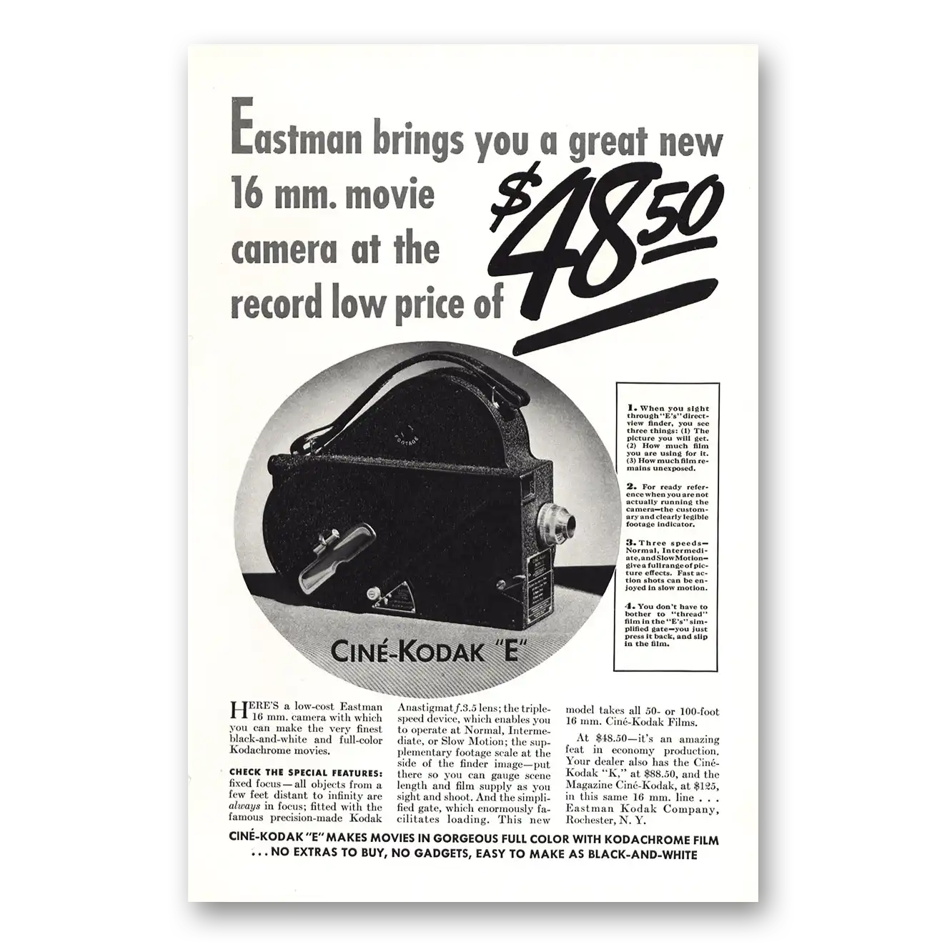 1937 Cine Kodak E Camera Great New 16mm Movie Camera Vintage Magazine Print Ad