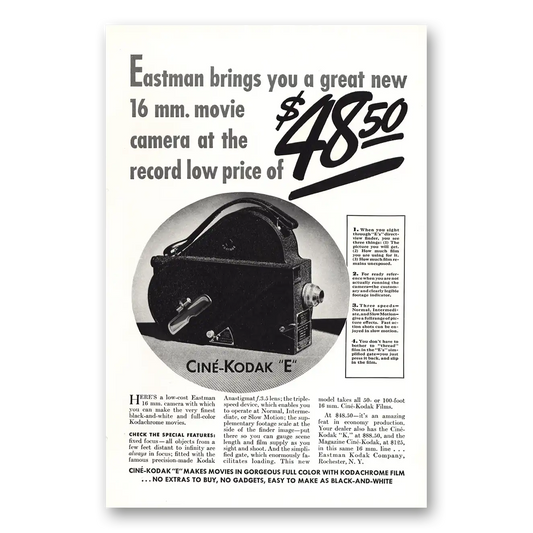 1937 Cine Kodak E Camera Great New 16mm Movie Camera Vintage Magazine Print Ad