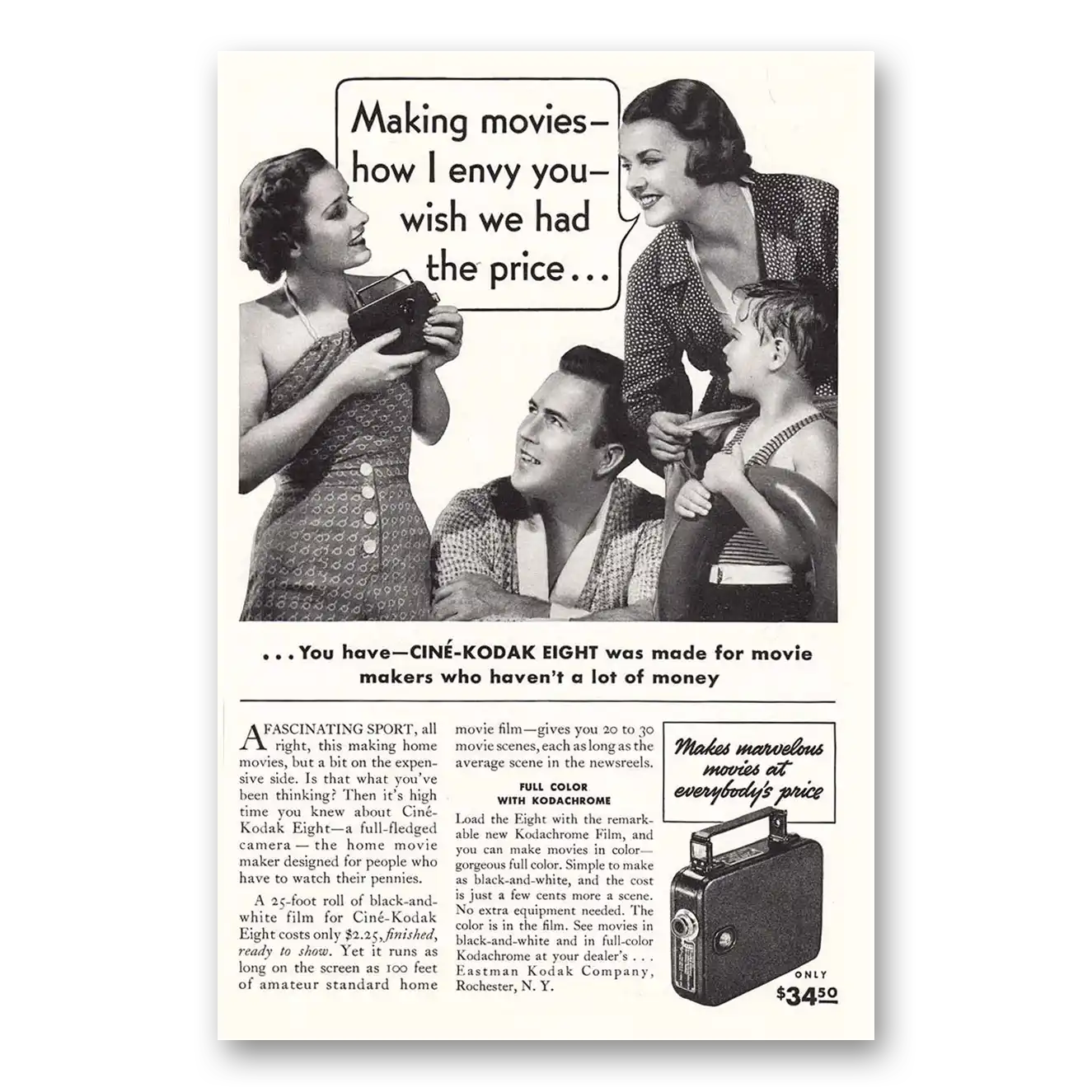 1937 Cine Kodak Eight Camera Making Movies How I Envy You Vintage Magazine Print Ad