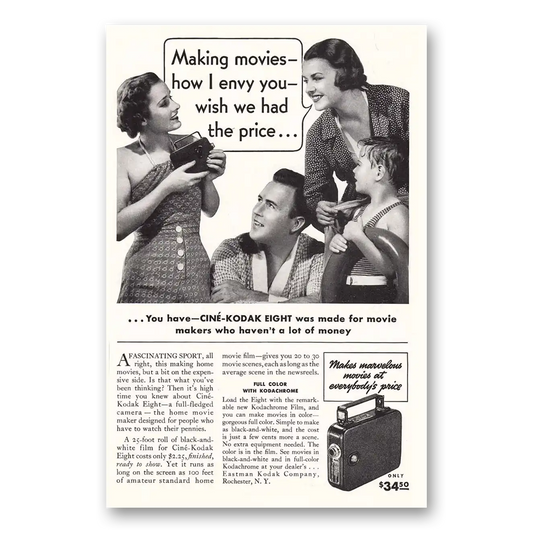 1937 Cine Kodak Eight Camera Making Movies How I Envy You Vintage Magazine Print Ad