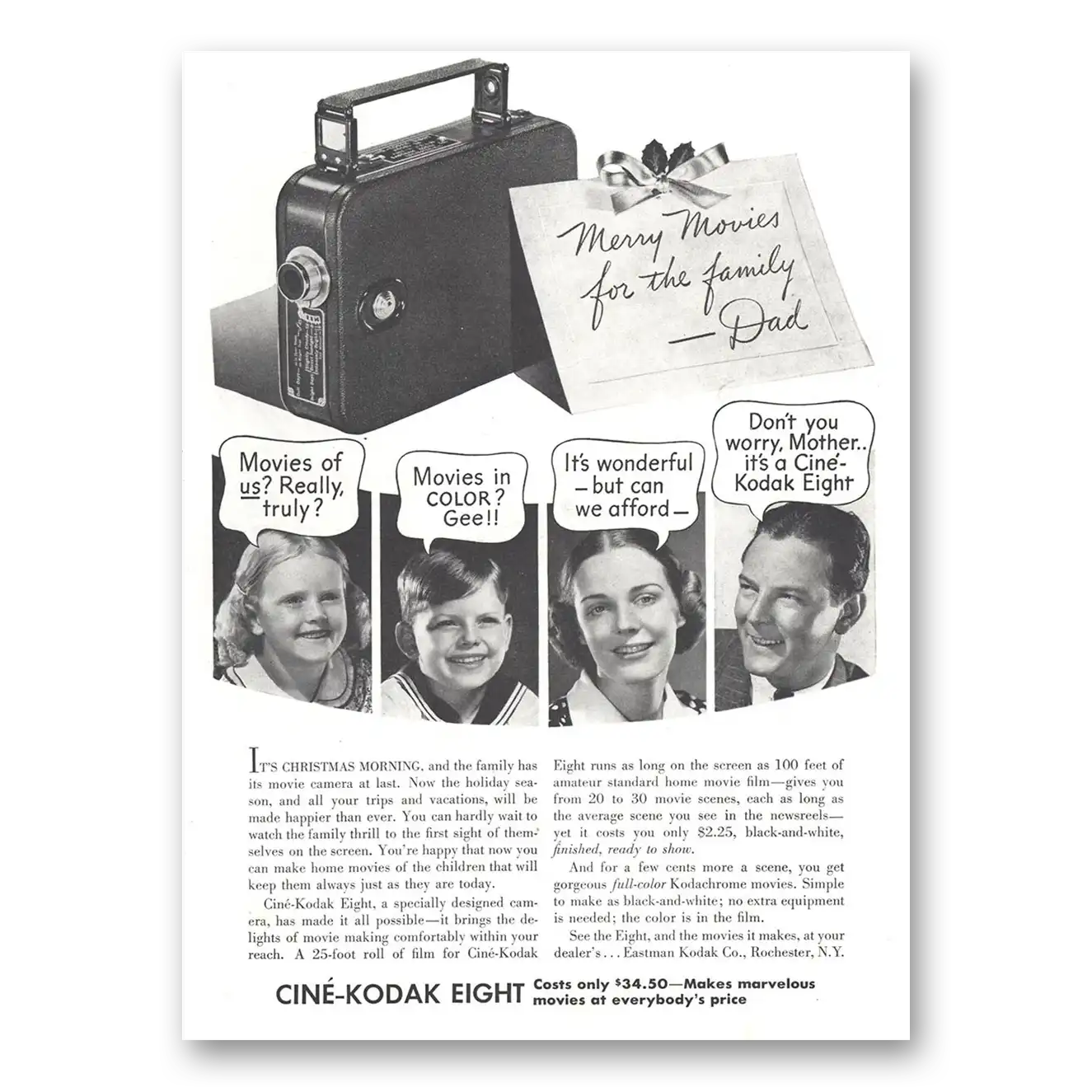 1937 Cine Kodak Eight Camera Merry Movies for the Family Vintage Magazine Print Ad