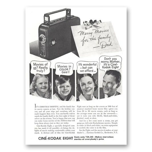 1937 Cine Kodak Eight Camera Merry Movies for the Family Vintage Magazine Print Ad