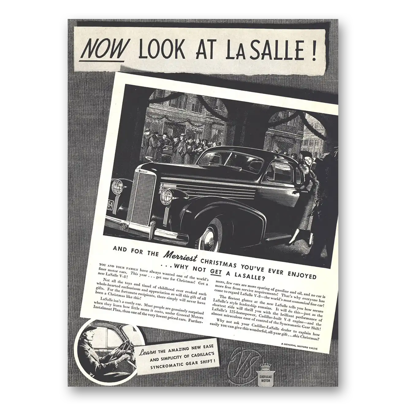 1937 Cadillac LaSalle Merriest Christmas You've Ever Enjoyed Vintage Magazine Print Ad