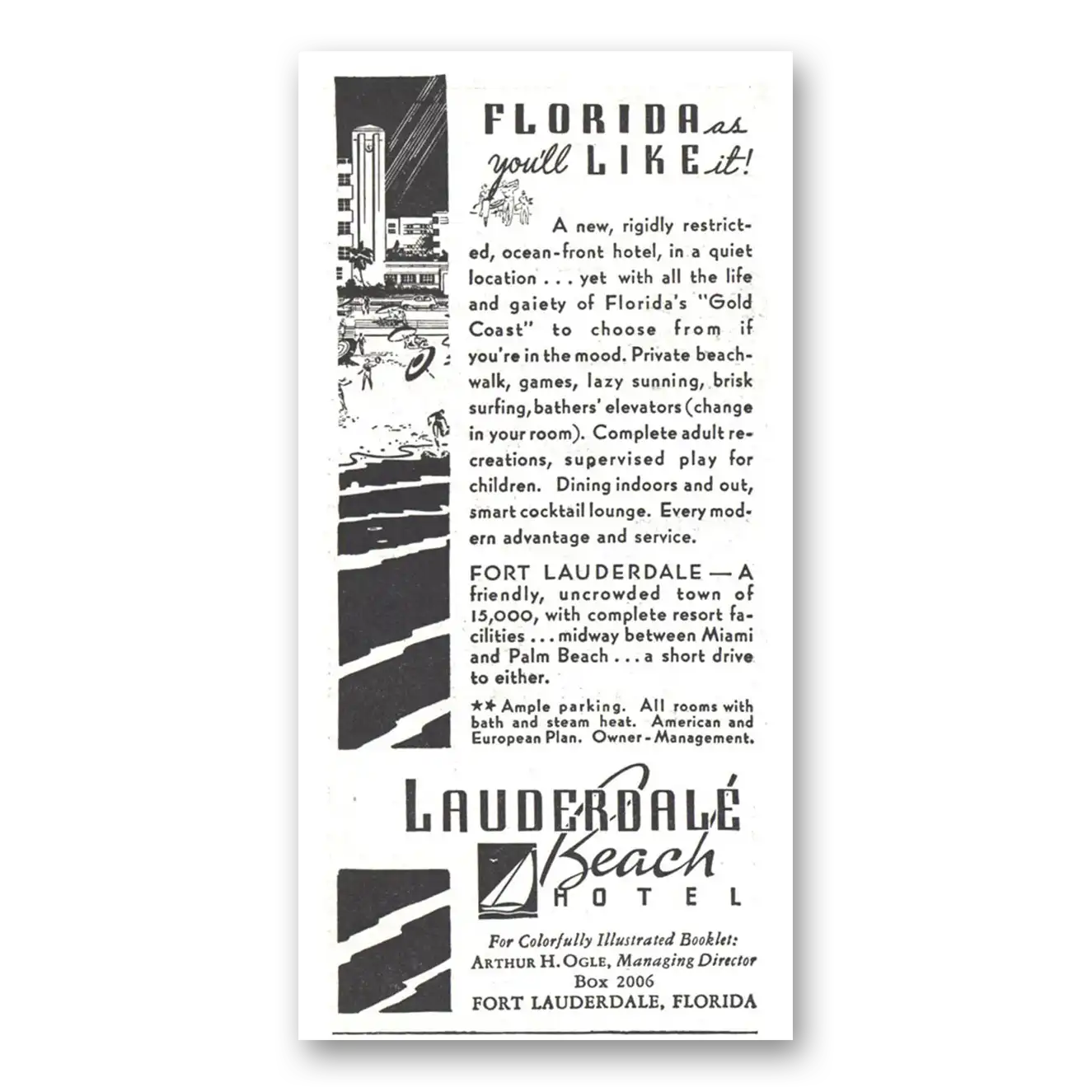 1937 Lauderdale Beach Hotel Florida As Like It Vintage Magazine Print Ad