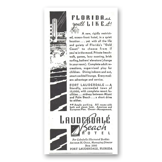 1937 Lauderdale Beach Hotel Florida As Like It Vintage Magazine Print Ad