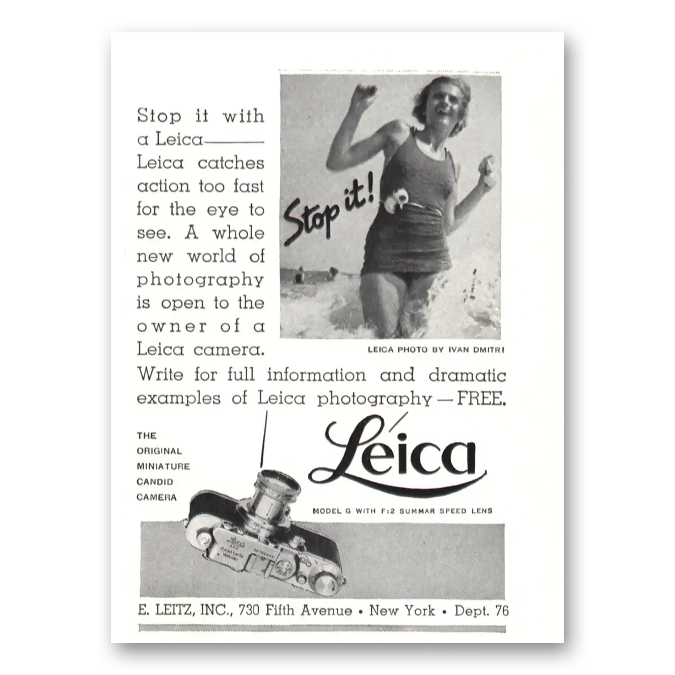 1937 Leica Cameras Stop It With a Leica Vintage Magazine Print Ad