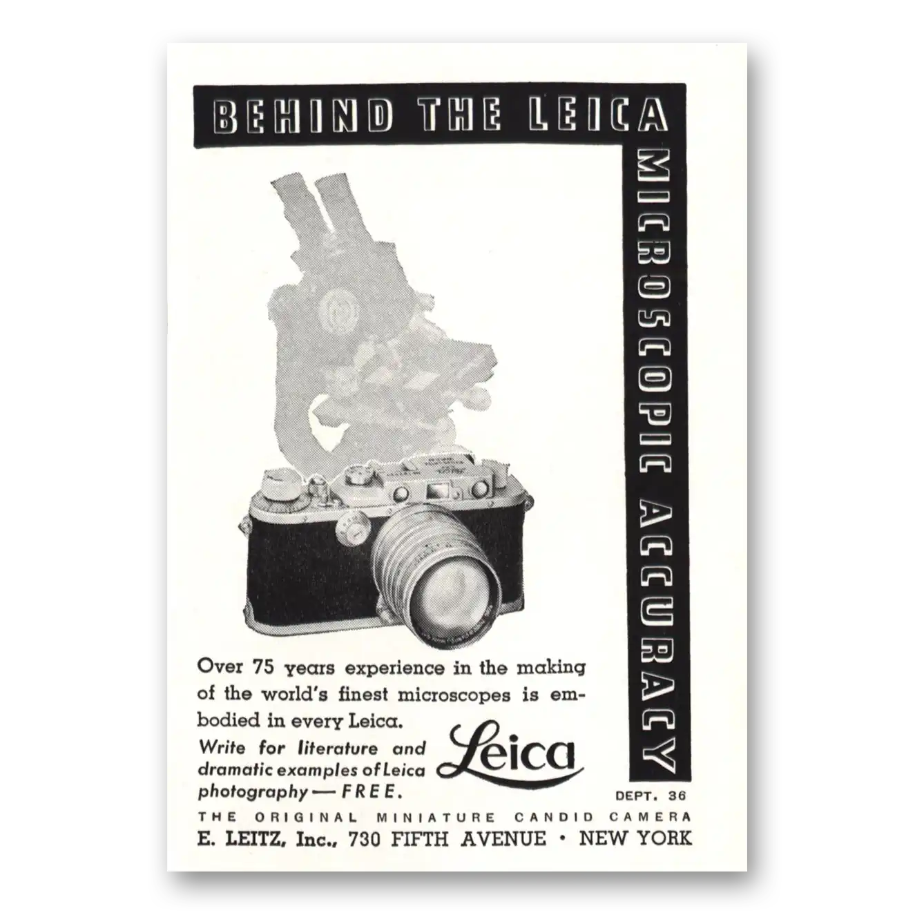 1937 Leica Cameras Microscopic Accuracy Vintage Magazine Print Ad