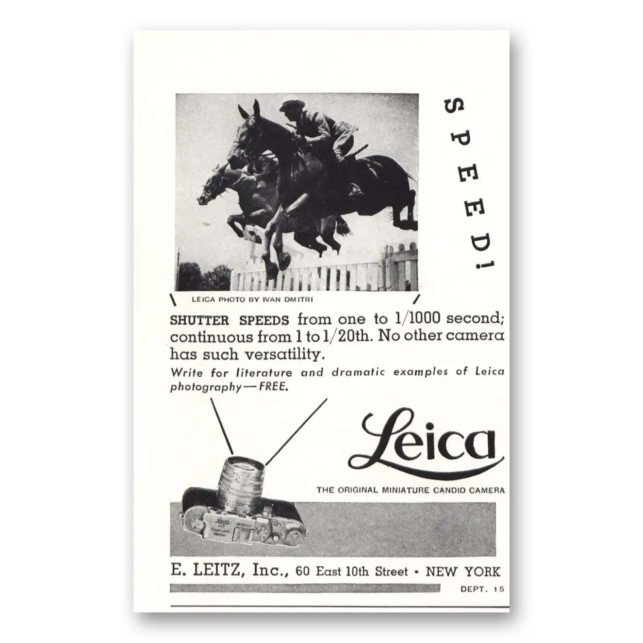 1937 Leica Cameras Shutter Speeds Horse Vintage Magazine Print Ad