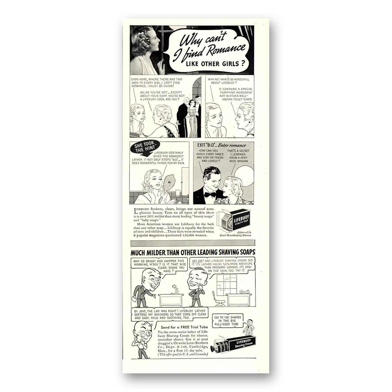 1937 Lifebuoy Shaving Cream Why Cant I Find Romance Vintage Magazine Print Ad