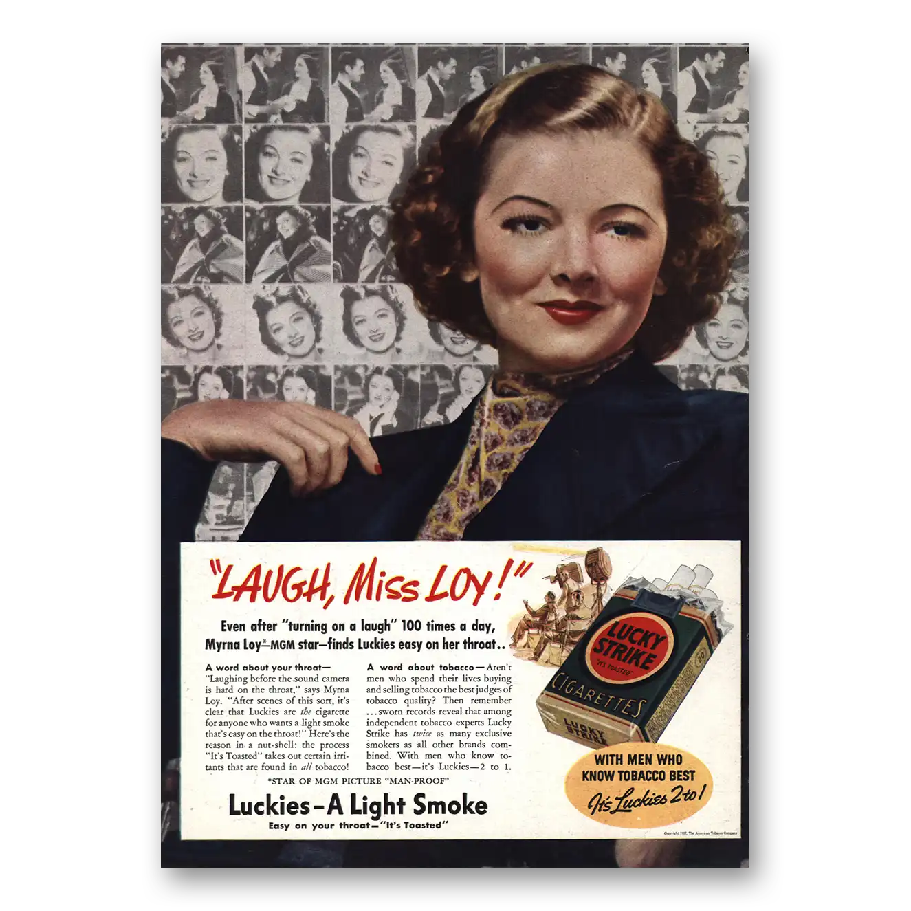 1937 Lucky Strike Cigarettes Myrna Loy Vintage Magazine Print Ad