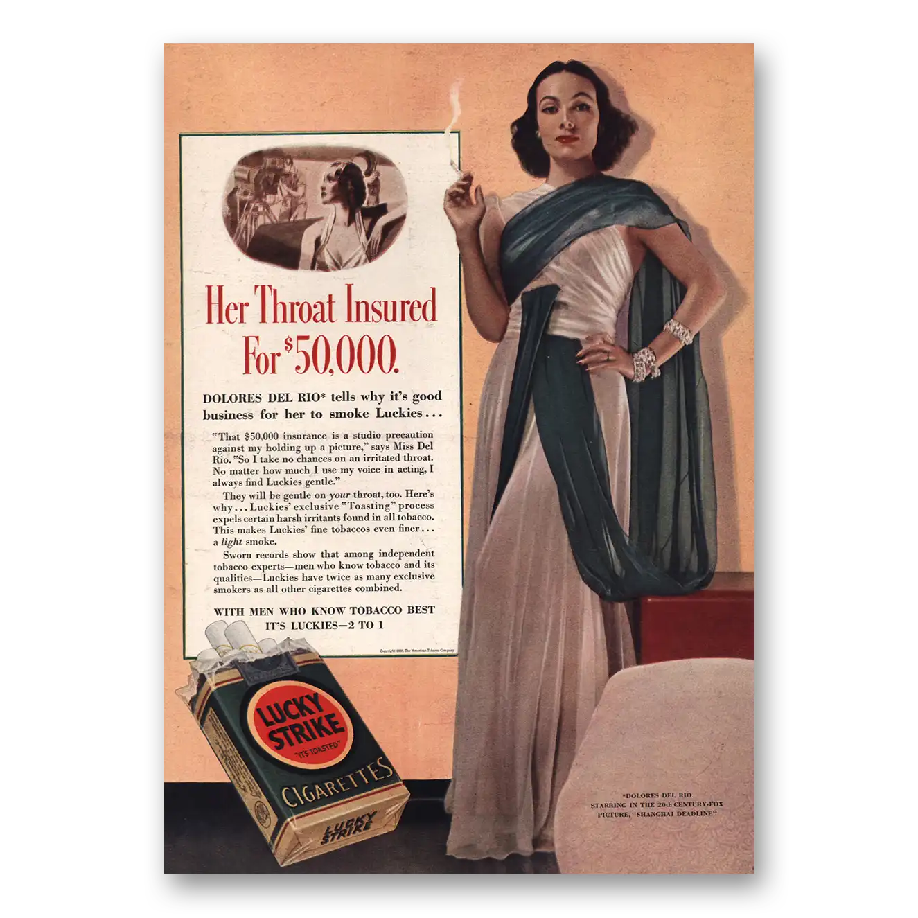 1937 Lucky Strike Cigarettes Her Throat Insured Dolores Del Rio Vintage Magazine Print Ad