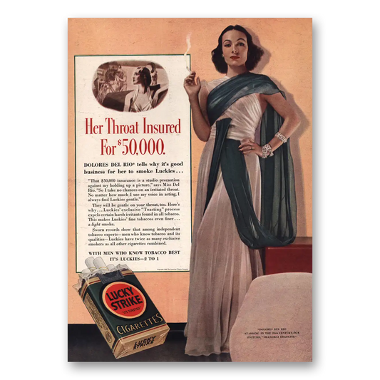 1937 Lucky Strike Cigarettes Her Throat Insured Dolores Del Rio Vintage Magazine Print Ad