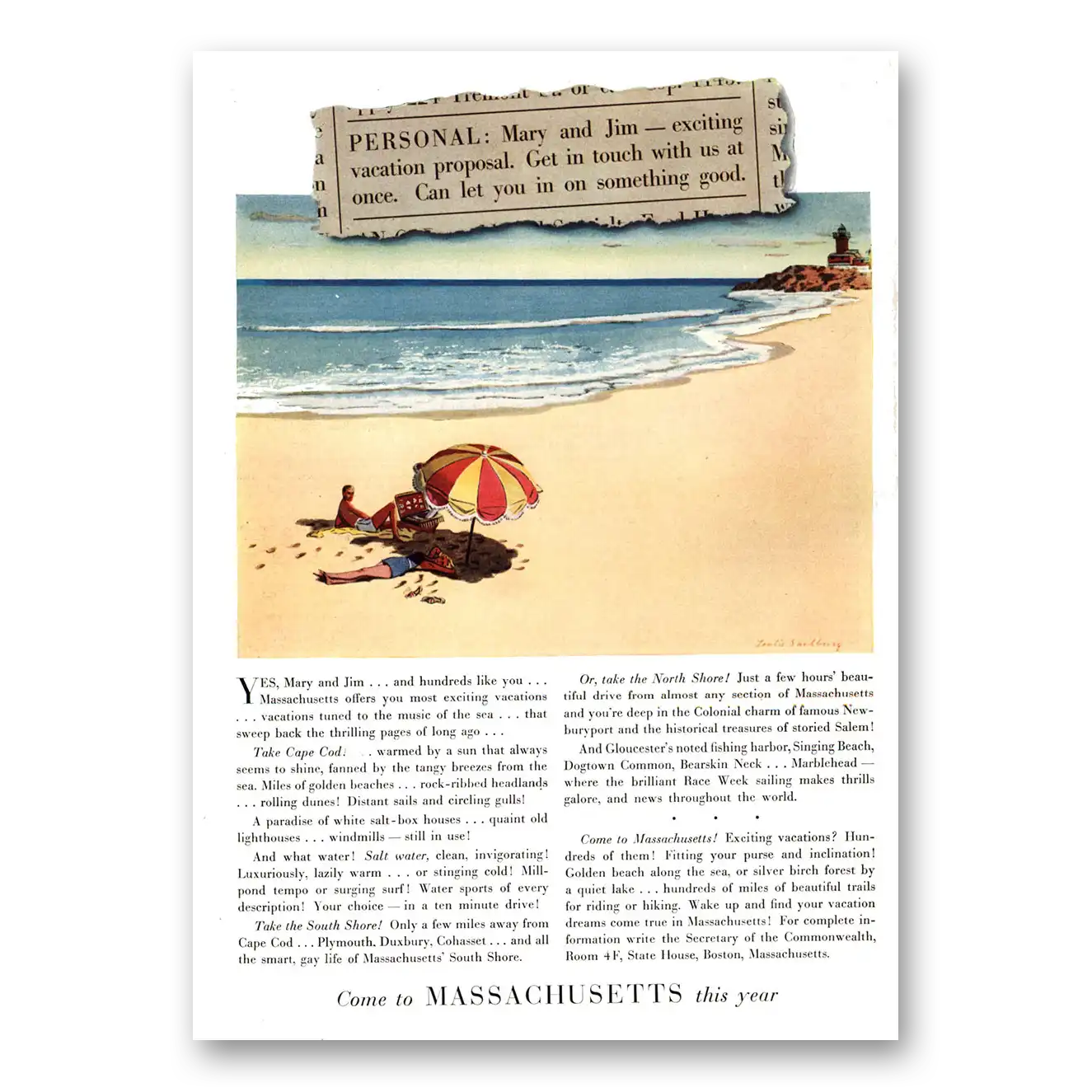 1937 Massachusetts Mary and Jim Exciting Vacation Proposal Vintage Magazine Print Ad