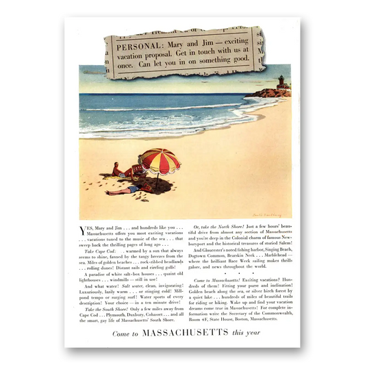 1937 Massachusetts Mary and Jim Exciting Vacation Proposal Vintage Magazine Print Ad