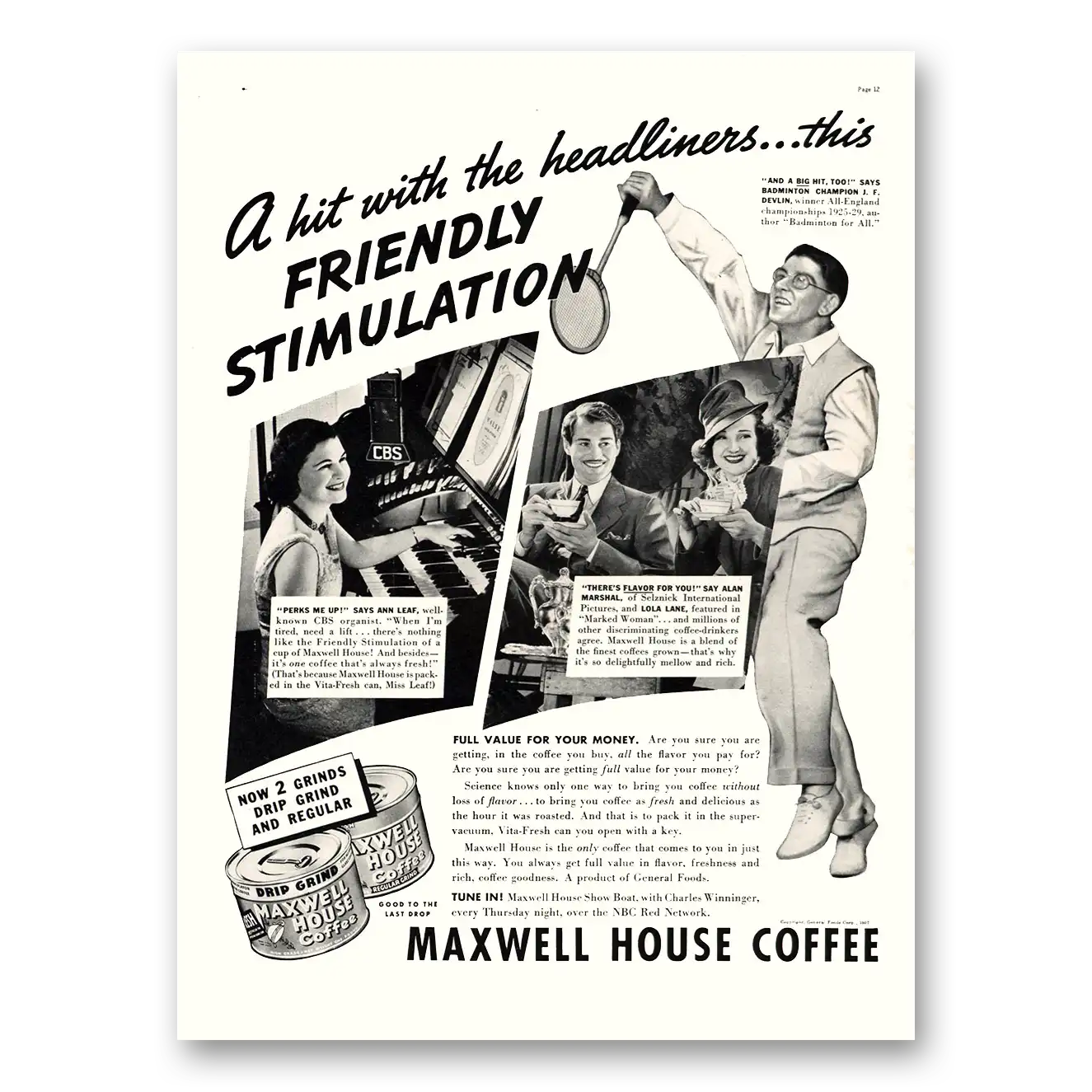 1937 Maxwell House Coffee Friendly Stimulation Vintage Magazine Print Ad