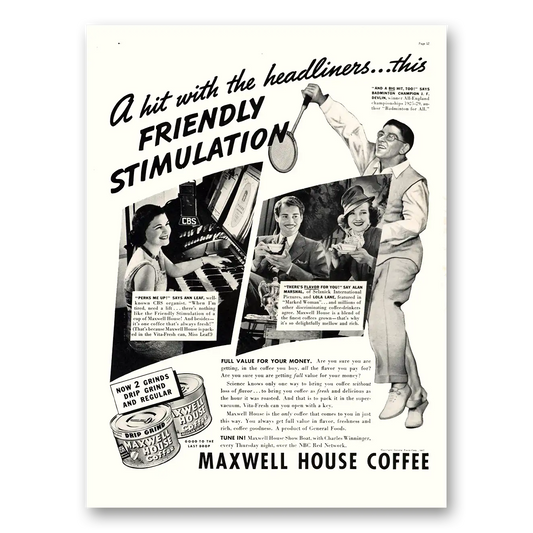 1937 Maxwell House Coffee Friendly Stimulation Vintage Magazine Print Ad