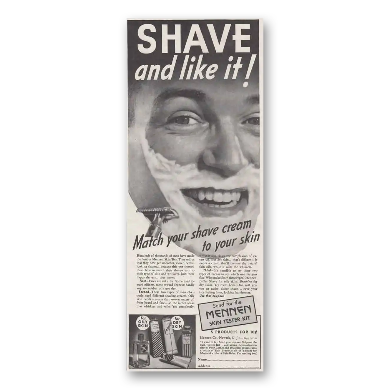 1937 Mennen Skin Tester Kit Shave and Like It Vintage Magazine Print Ad