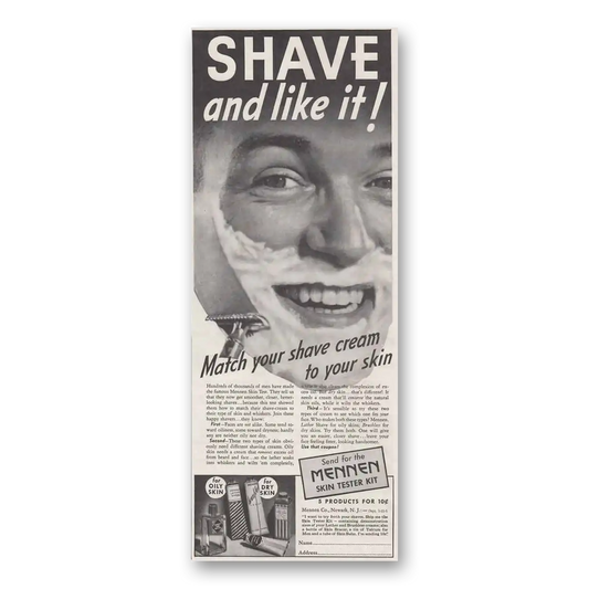 1937 Mennen Skin Tester Kit Shave and Like It Vintage Magazine Print Ad