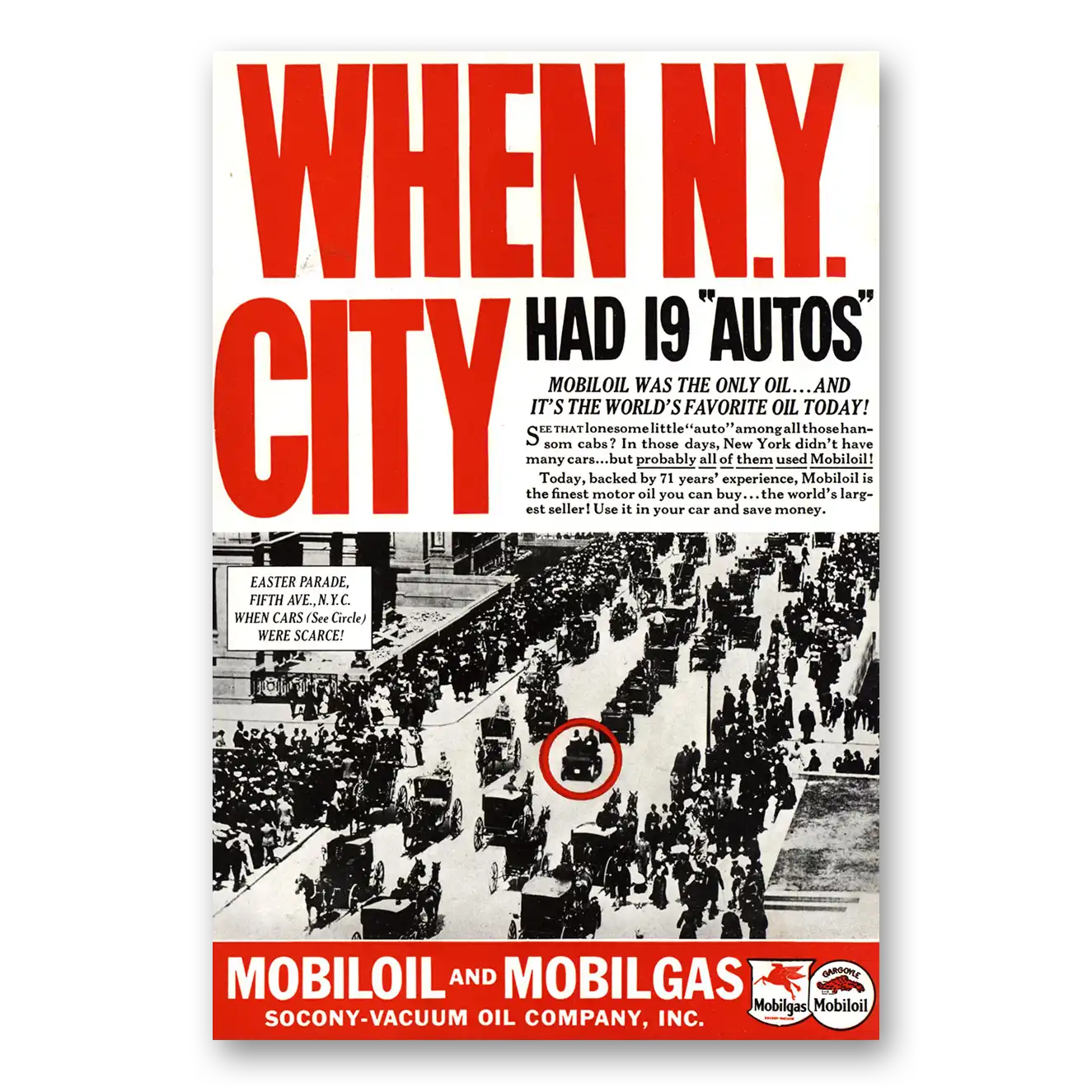 1937 Mobiloil When NY City Had 19 Autos Vintage Magazine Print Ad