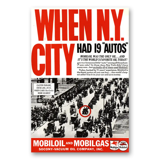 1937 Mobiloil When NY City Had 19 Autos Vintage Magazine Print Ad