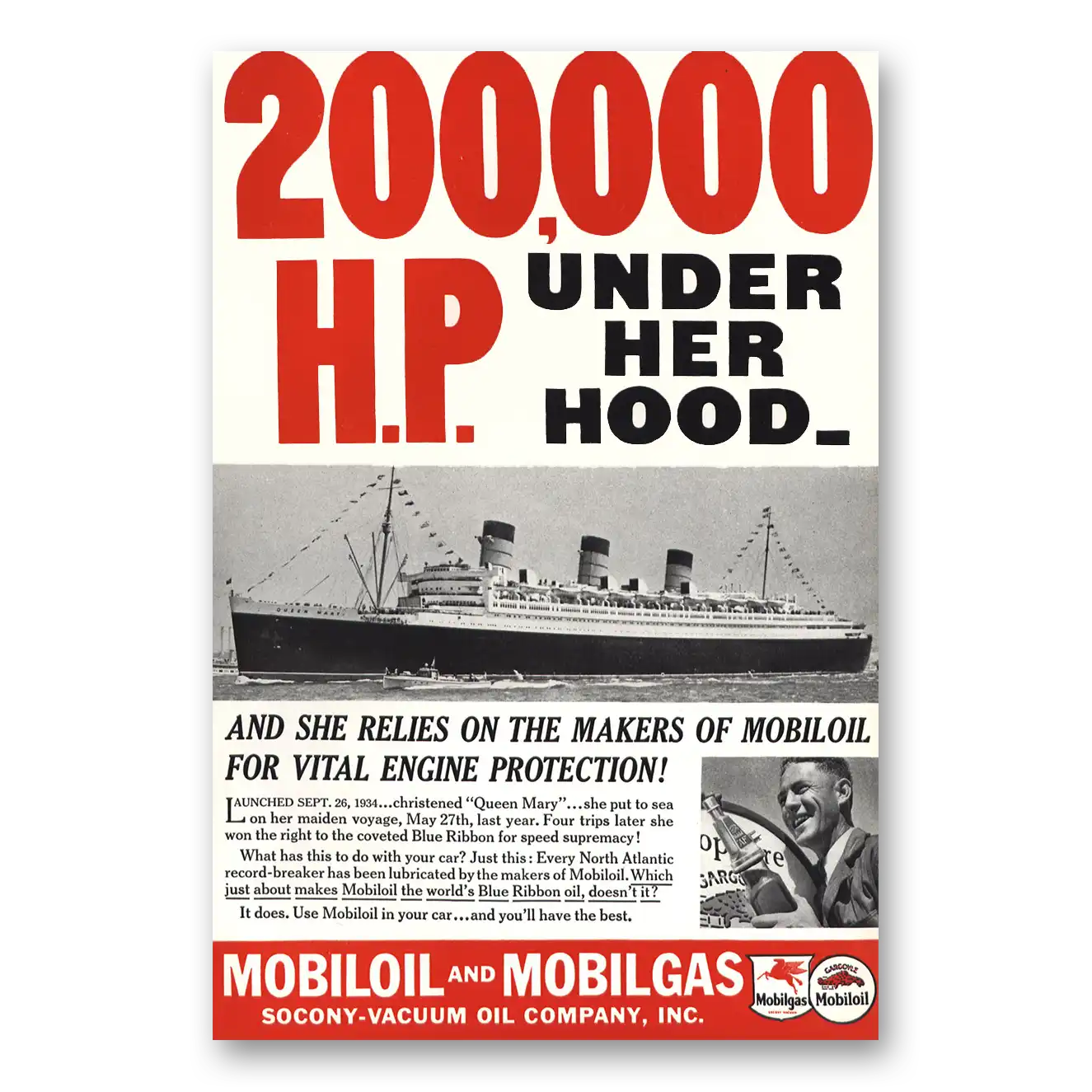 1937 Mobiloil Mobilgas 200000 HP Under Her Hood Vintage Magazine Print Ad