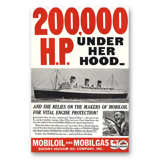 1937 Mobiloil Mobilgas 200000 HP Under Her Hood Vintage Magazine Print Ad