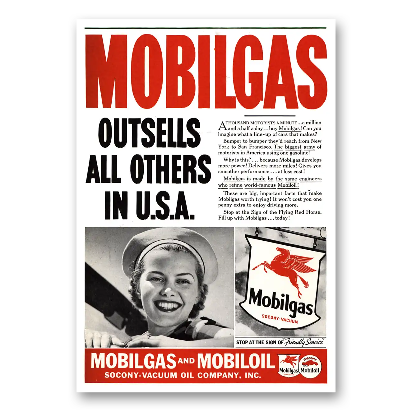 1937 Mobiloil Outsells All Others In USA Vintage Magazine Print Ad