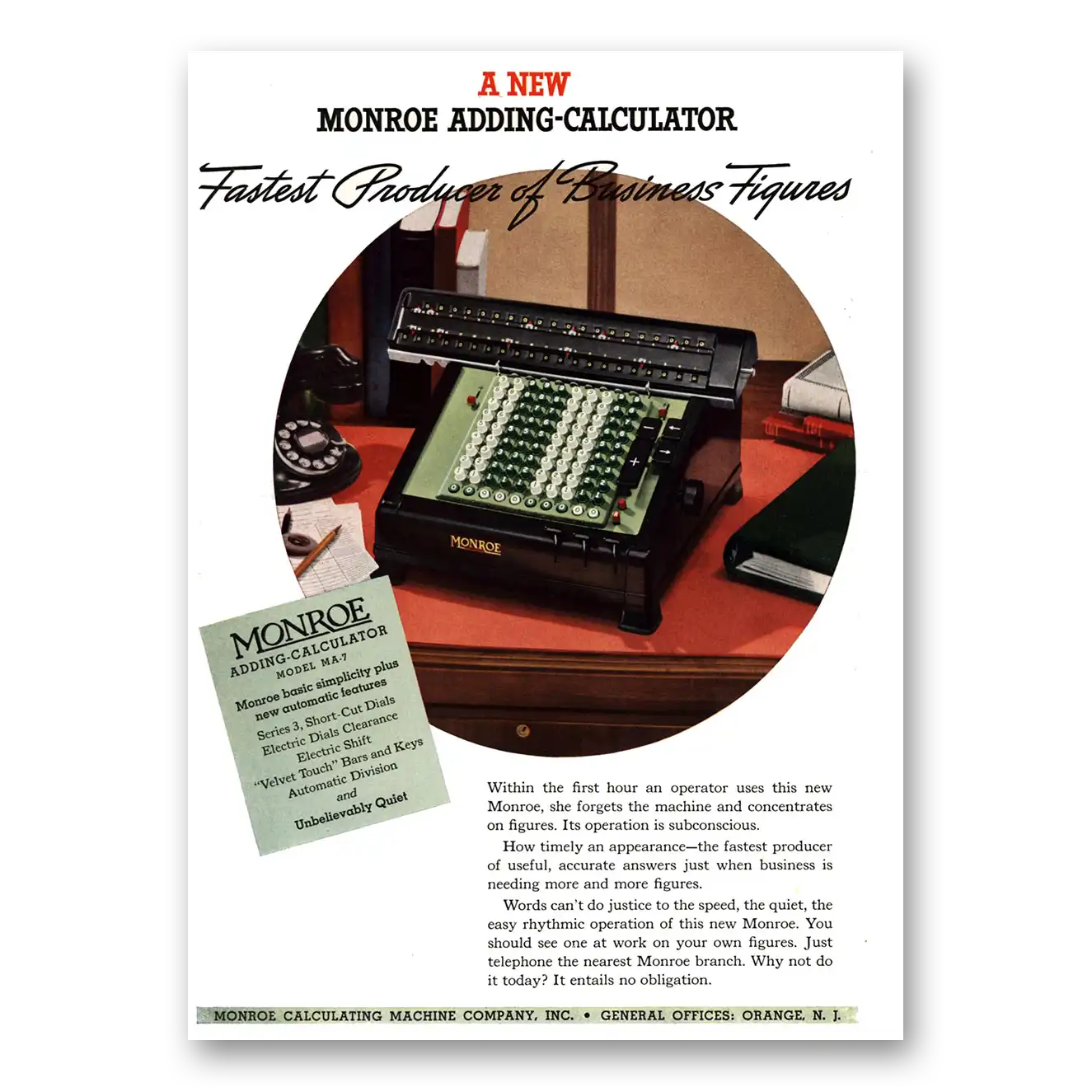 1937 Monroe Calculating Machines Adding Calculator Fastest Producer of Business Figures Vintage Magazine Print Ad