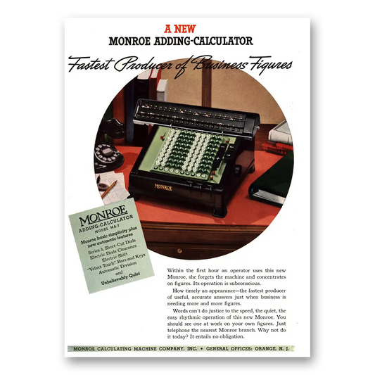 1937 Monroe Calculating Machines Adding Calculator Fastest Producer of Business Figures Vintage Magazine Print Ad